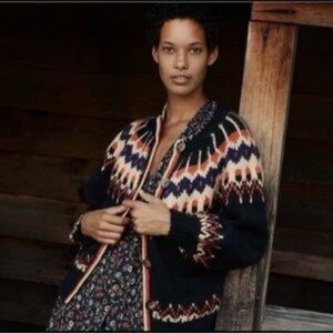 NEW Doen Hue Cardigan Navy Aberdeen Fair Isle Size Medium
